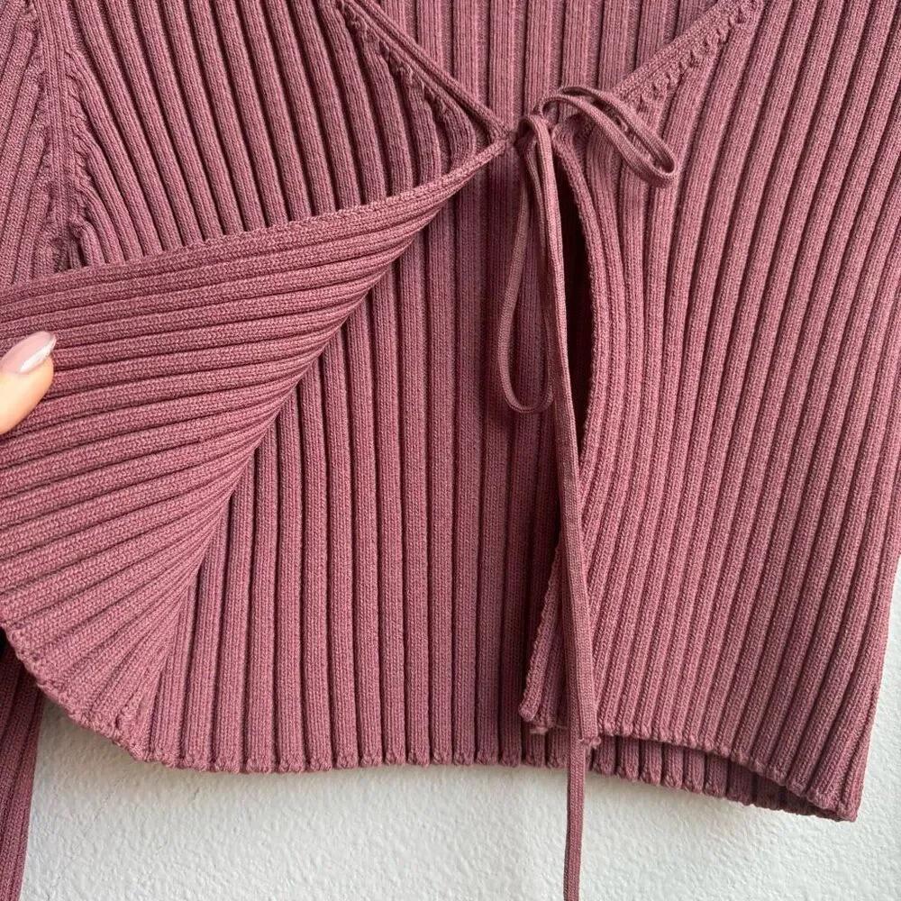 Zara Pink Ribbed Heavy Knit Tie Front Cardigan Cropped Sweater Size Small